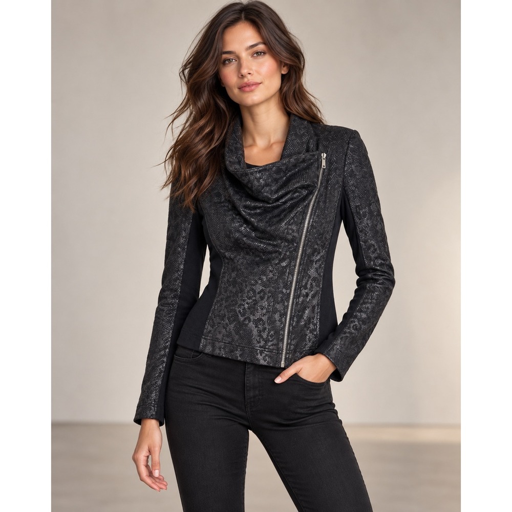 Vince Camuto Snakeskin Moto Shrunken Jacket Womens M Black Metallic Animal Print